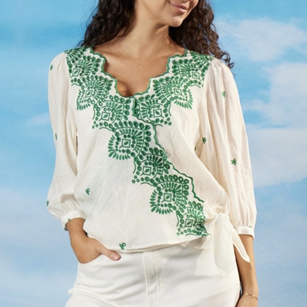 Hope Springs Embroidered Ivory Peasant Blouse with Green Motif size L